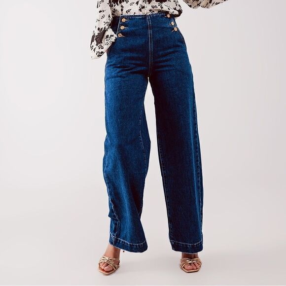 ❤️LAST ONE! BRAND NEW Q2 Medium Wash Denim Button Front Sailor Jeans - Picture 6 of 11